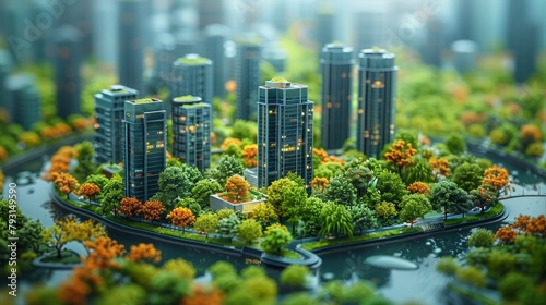 Miniature tilt-shift images of eco-friendly business environments underscore clean energy initiatives and corporate social responsibility for a sustainable future