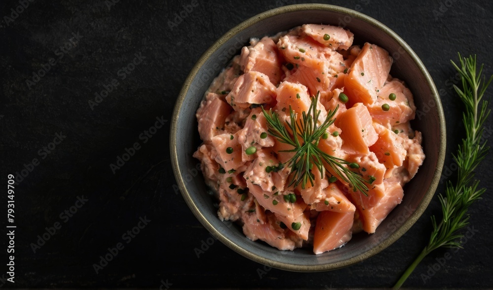 a bowl of smoked salmon spread black background