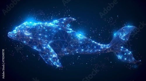 Mermaid triangle myth creature fairy fantasy mystic. Point line glowing blue dark night constellation stars. Beautiful underwater depth ocean modern illustration.