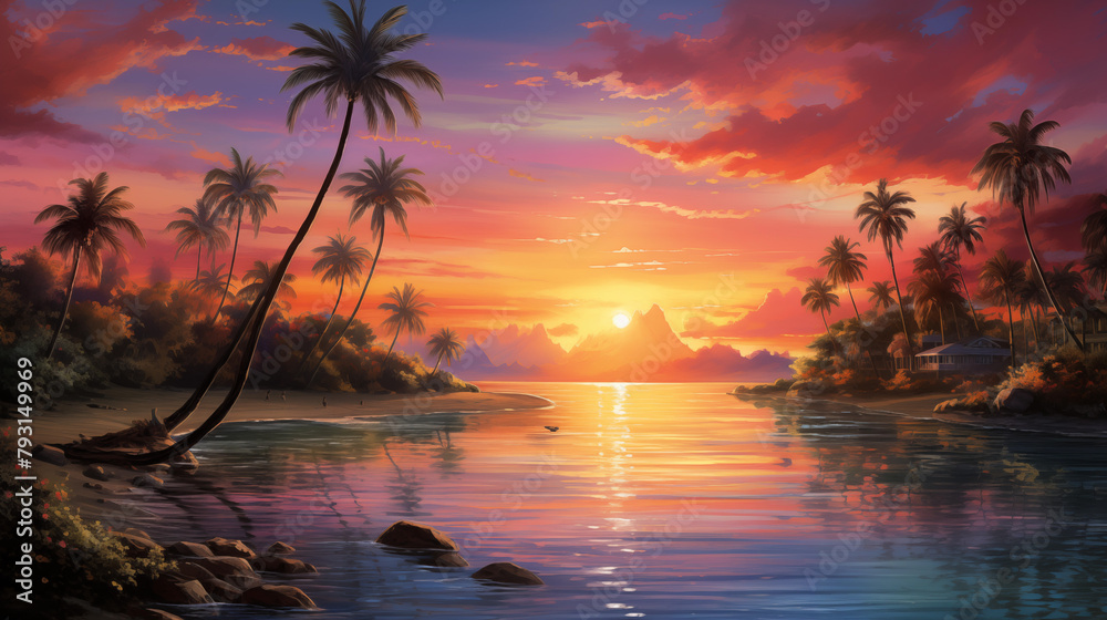 Palm trees silhouettes on tropical summer beach at vivid sunset time by the ocean Palm trees silhouettes on tropical summer beach at vivid sunset time by the ocean