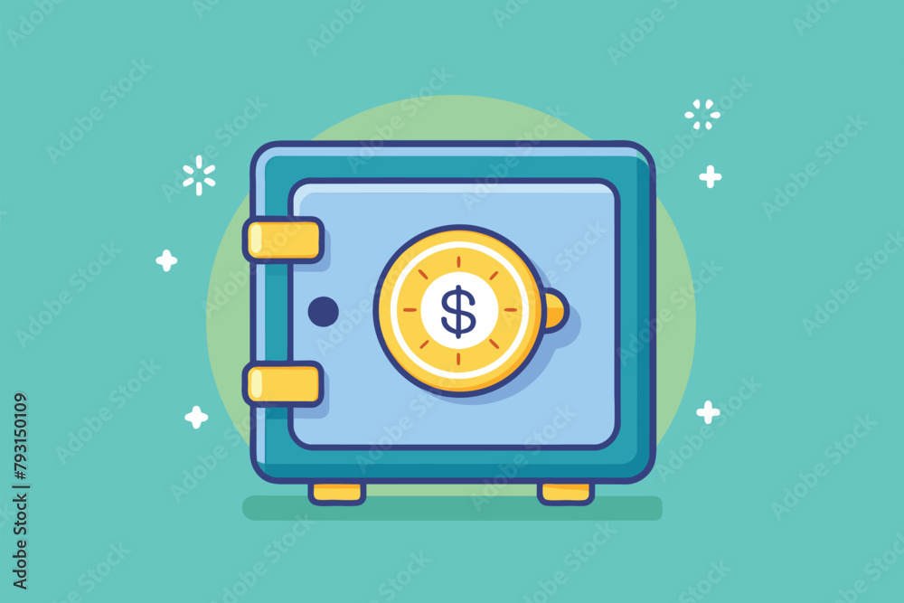 A blue box featuring a dollar sign symbol in a simple and minimalist design, Dollar coin safe, Simple and minimalist flat Vector Illustration A blue box featuring a dollar sign symbol in a simple and minimalist design, Dollar coin safe, Simple and minimalist flat Vector Illustration
