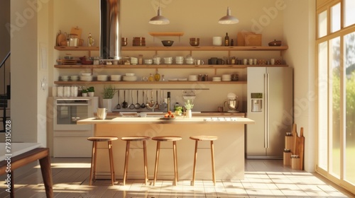 A kitchen with a wooden island and a countertop with a lot of plates and bowls. The kitchen is bright and sunny, with a lot of natural light coming in through the windows. The atmosphere is warm © Bouchra