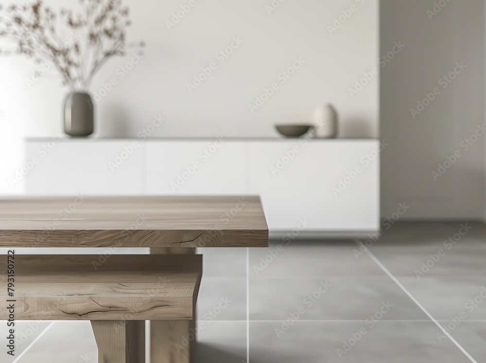 Modern interior, dining table with floating bench and sideboard in the background, front view, blurred background, white walls, gray floor tiles, natural light, Scandina