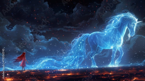 Modern illustration of a shining cosmos horn fairy myth moon light fantasy background with a blue glowing horse unicorn riding a night sky star. photo