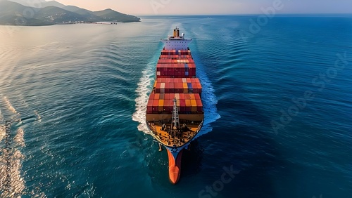 Aerial Perspective of Cargo Ship Setting Sail for Export Journey. Concept Logistics, Transportation, International Trade, Cargo Industry, Shipping Operations