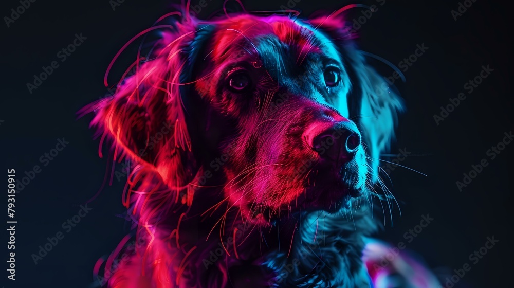 a dog with bright neon illumination on dark background