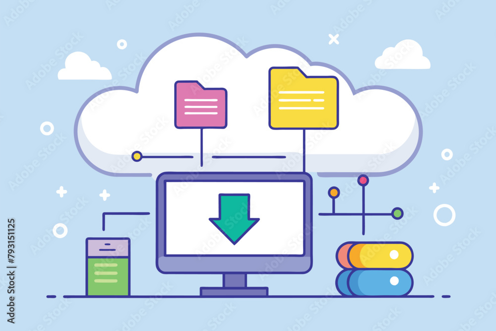 A computer connected to a cloud platform for data storage and management, download management on the cloud, Simple and minimalist flat Vector Illustration