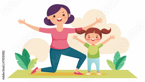 A mother and daughter duo laughing together as they attempt a balancing pose their first time trying yoga together.