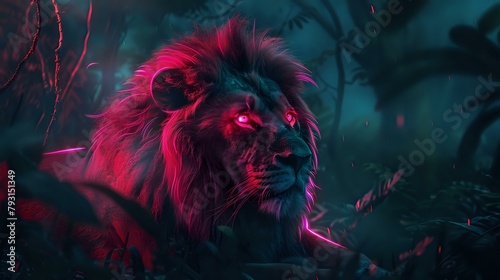 a lion with bright neon illumination in dark forest photo