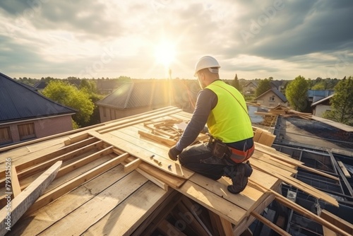 Photo of a Caucasian man in hardhat is working on the construction of a wooden frame house. Male roofer is in the process of strengthening the wooden structures of the roof of a house.