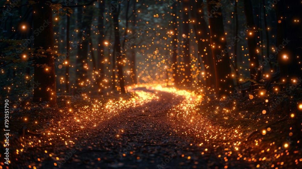 Firefly, a fairy tale creature, flies in the night forest, surrounded by glitter.