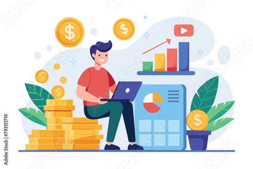 A man is seated on a large heap of shiny gold coins, surrounded by his wealth, business money growth, Simple and minimalist flat Vector Illustration