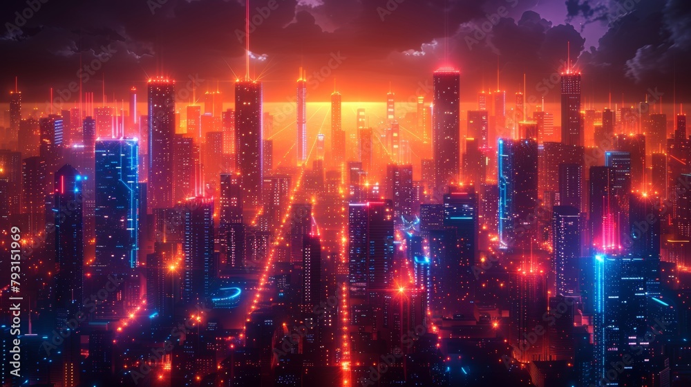 A futuristic cityscape of 3D neon glowing buildings. Intelligent building automation at night. High resolution cyberpunk retrowave web banner illustration. City planning and technology banners. Urban