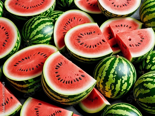 Watermelon provides various health benefits, including hydration and essential nutrients. Along with cantaloupe, honeydew, and cucumber, watermelons are a member of the Cucurbitaceae family.  photo