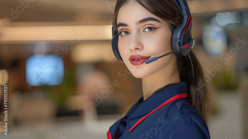 A woman wearing a headset stands in front of a wall. She is smiling and she is happy. professional female travel agent whit telephonic headphone. elegant and confident woman for her customers photo