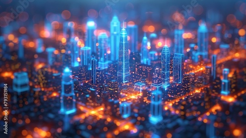 A 3D neon glowing cityscape with intelligent building automation at night. Modern illustration of a futuristic business concept in blue.