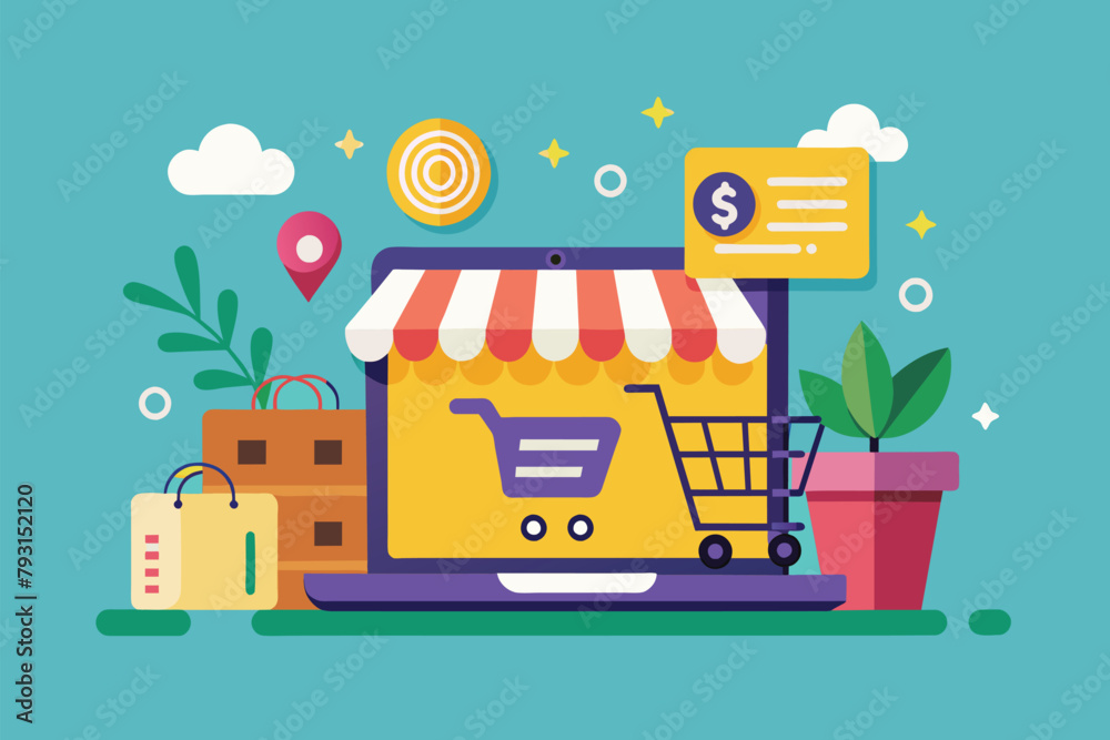Fototapeta premium A shopping cart is placed on top of a laptop in this simple and minimalist ecommerce flat vector illustration, Ecommerce, Simple and minimalist flat Vector Illustration