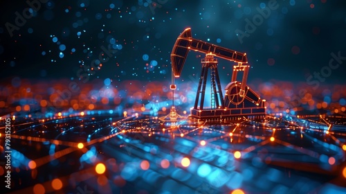 Petroleum fuel industry pumpjack derricks pumping drilling point line connection dots blue modern illustration. Oil well rig juck low poly business concept. Finance economy polygonal petrol
