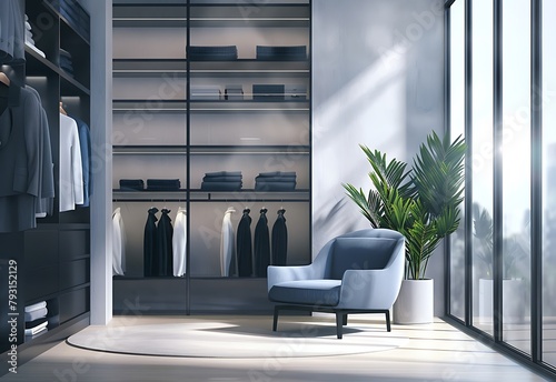 Modern interior of a dressing room with glass walls, a blue armchair and black shelves for © Waqar