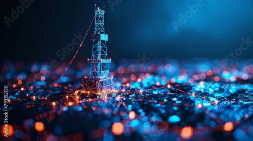 The oil well rig juck low poly business concept. The finance economy polygonal petrol production. The petroleum fuel industry pumpjack derricks pumping drilling point line connection dots. photo