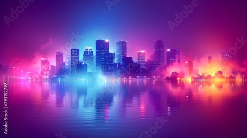 City at night with bright lights reflecting off the water.