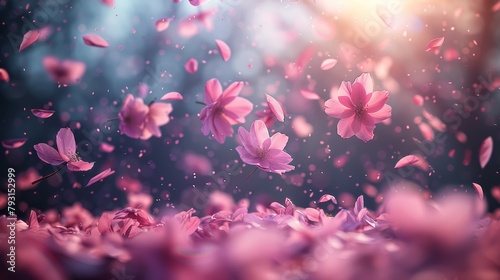  Pink flowers hovering above a blue and pink backdrop with a sunburst in the distance