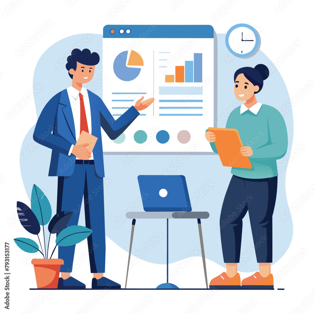 Two individuals standing in front of a whiteboard, presenting a business strategy report to a boss, Employee business strategy report to boss, Simple and minimalist flat Vector Illustration