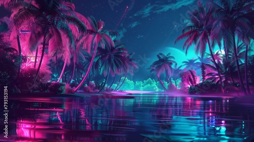 Retro-style image featuring a neon-lit tropical landscape, with vivid, neon-infused depictions of tropical trees and scenery, blending retro and futuristic concepts