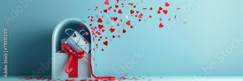 Confetti in the shape of tiny hearts falls from a papercut mailbox overflowing with miniature love letters A single, larger papercut gift, adorned with a delicate red ribbon, peeks out from the top  a photo