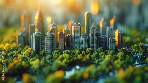 Tilt-shift lens captures miniature office landscapes, symbolizing a commitment to sustainable business practices and environmental stewardship. 
