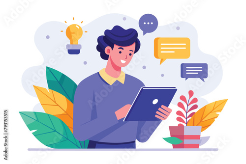 A woman is holding a tablet and reading a social text online chat message, employee reading a social text online chat message, Simple and minimalist flat Vector Illustration