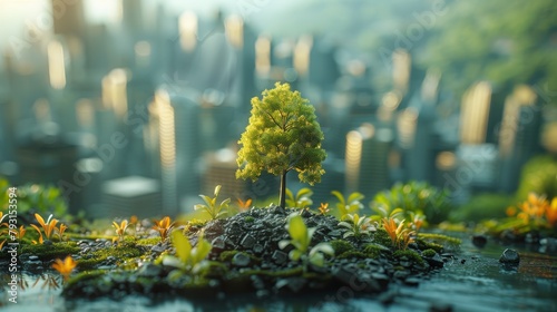 Tiny corporate scenes promote environmental sustainability, focusing on green initiatives and carbon-neutral operations.  photo