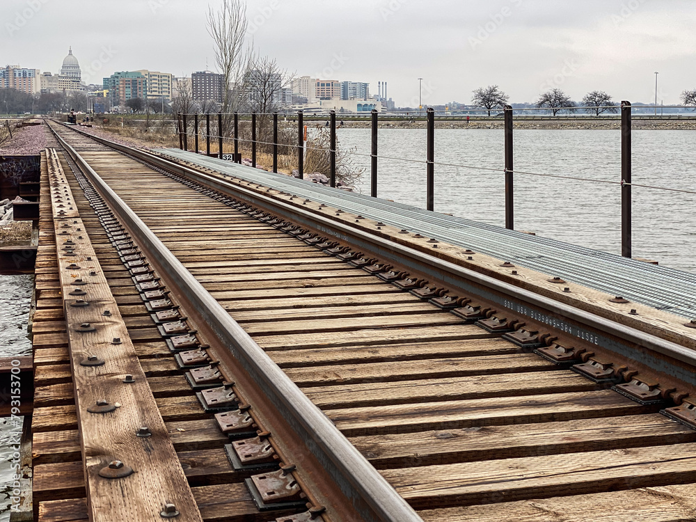 Railroad Tracks Leading into Madison Wisconsin Over Lake Monona