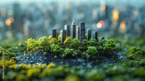 Tiny sustainable office landscapes in tilt-shift photography symbolize a commitment to green practices, clean energy, and corporate social responsibility. © Tor Gilje