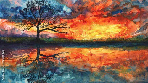 Lone Tree Silhouette Reaches for Fiery Sunset Hues in Tranquil Watercolor Landscape © Mickey