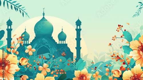 A blue and green mosque with yellow flowers in front of it.

 photo