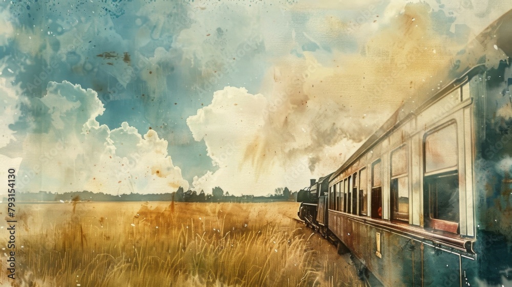 Nostalgic Watercolor Steam Train Chugging Through Lush Countryside with Golden Fields - obrazy, fototapety, plakaty 