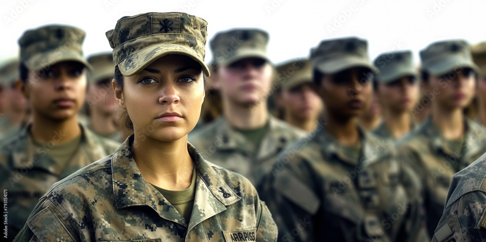 Group of women in military digital camouflage uniforms standing at army ceremony or presentation. Generative AI