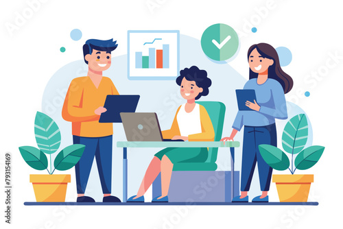 Team of employees engaging in a discussion around a table with a laptop, Employees are talking about work, Simple and minimalist flat Vector Illustration