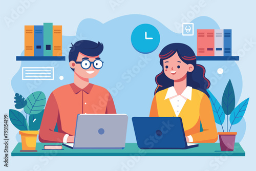 A man and woman are seated at a desk, focused on their laptops as they discuss work projects, employees discussing in front of their laptops, Simple and minimalist flat Vector Illustration © Iftikhar alam