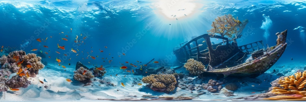 Vibrant Coral Reef in a Degrees Underwater Panorama A Diverse Marine Life Sanctuary with a Lone Shipwreck - obrazy, fototapety, plakaty 