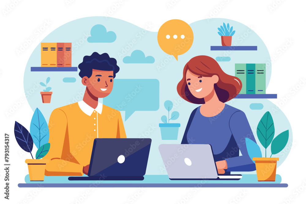 Two employees are seated at a table, focused on their laptops during a discussion, employees discussing in front of their laptops, Simple and minimalist flat Vector Illustration Two employees are seated at a table, focused on their laptops during a discussion, employees discussing in front of their laptops, Simple and minimalist flat Vector Illustration