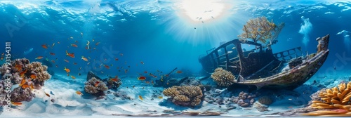 Vibrant Coral Reef in a Degrees Underwater Panorama A Diverse Marine Life Sanctuary with a Lone Shipwreck photo