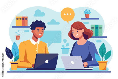 Two employees are seated at a table, focused on their laptops during a discussion, employees discussing in front of their laptops, Simple and minimalist flat Vector Illustration © Iftikhar alam