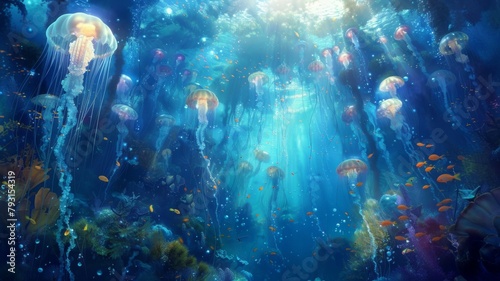 Vibrant Kelp Forests A Surreal Underwater Journey of Bioluminescent Jellyfish and Fish