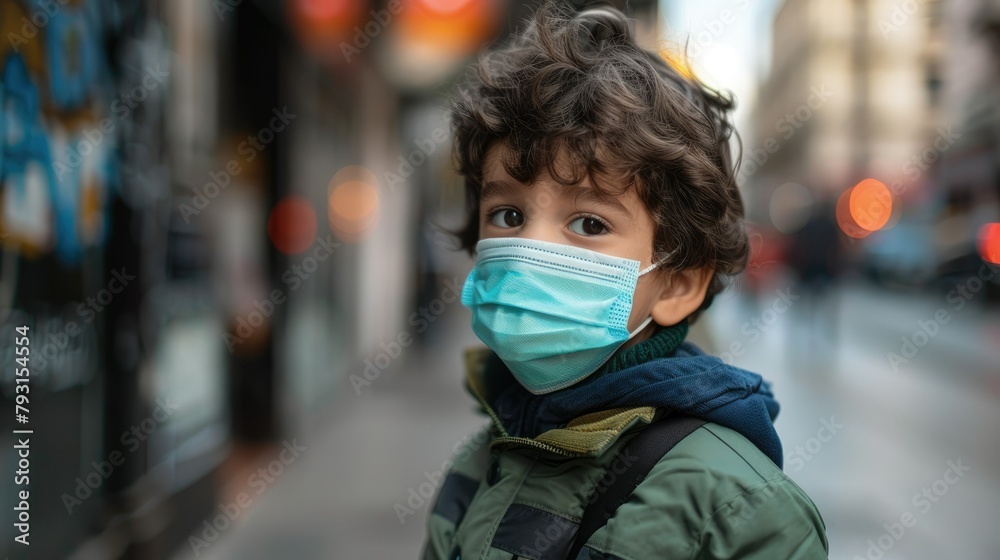 A child wearing a protective mask is seen walking along the streets A child wearing a protective mask is seen walking along the streets