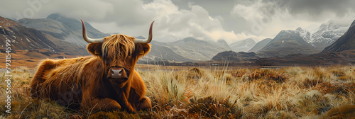 A serene highland cow is lying in the grassy mountains, showcasing the natural beauty of the rural landscape.