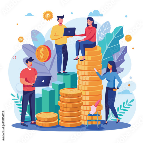 People Standing on Top of Stacks of Coins, Employees working and analyzing success and stacks of coins, Simple and minimalist flat Vector Illustration
