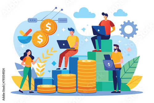 People are sitting on stacks of coins, working diligently on laptops to analyze success, Employees working and analyzing success and stacks of coins, Simple and minimalist flat Vector Illustration