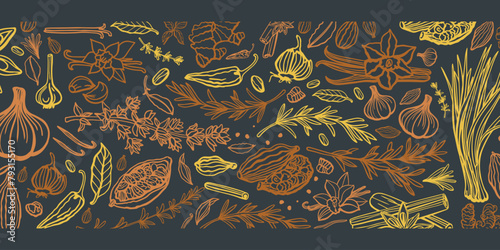 Hand drawn spices and herbs. Set. Vanilla, cinnamon, garlic, ginger, green onion, basil, rosemary, thyme, pepper,  badian, cloves, chili. Mulled wine. Template.